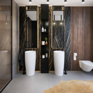 3d render luxury bathroom interior with big bathtup black marble wall decoration