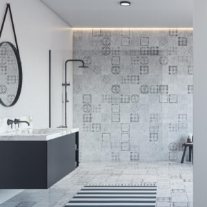 front view blank light grey wall with place poster stylish monochrome bathroom with dark sink cabinet shower with glass partition ceramic tiles wall background 3d rendering mock up