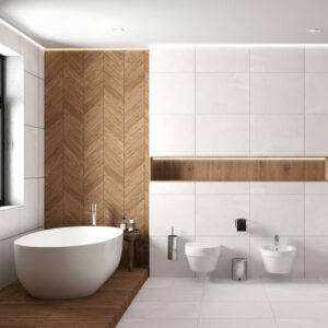 interior modern bright spacious bathroom with freestanding bathtub 3d render