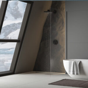 modern bathroom interior with concrete floor white oval bathtub white basin shower 3d rendering